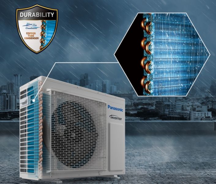 Panasonic sử dụng dàn ngưng tụ dạng ống đồng và lá tản nhiệt xanh chống ăn mòn