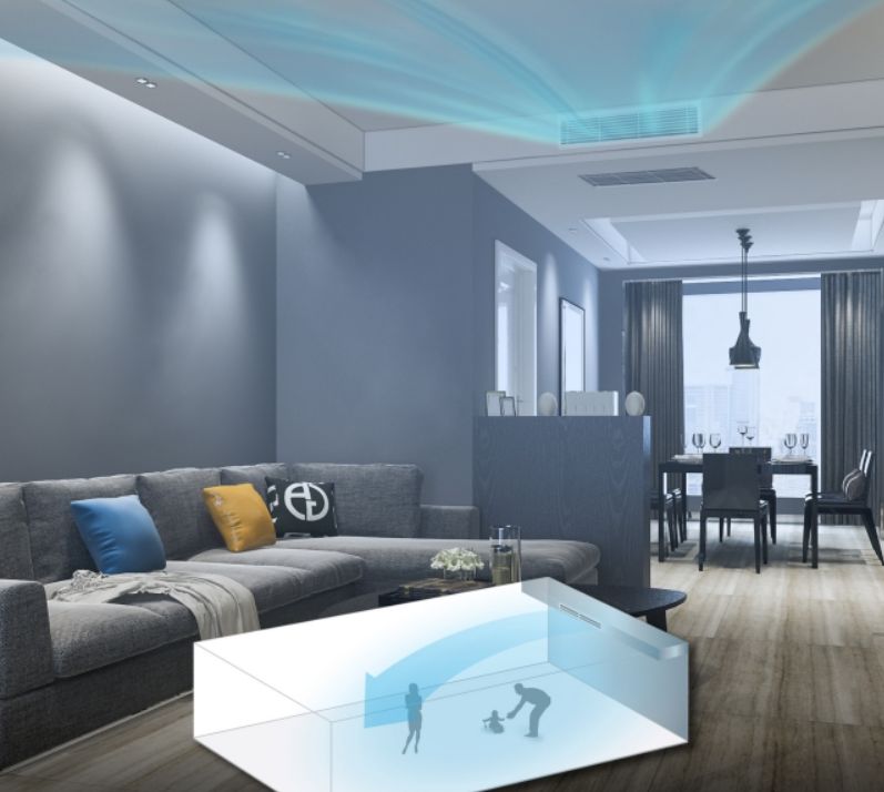 Hướng gió thổi của dòng nối ống gió được thổi lên trần nhà sau đó tỏa rộng ra toàn bộ không gian