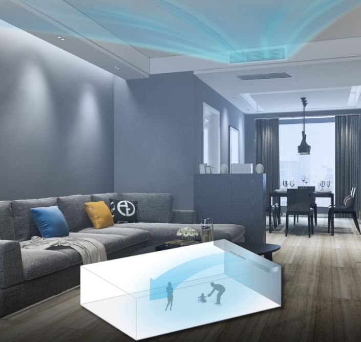 Luồng gió mát được thổi rộng rãi lên trần nhà sau đó sẽ tỏa đều xuống toàn bộ căn phòng