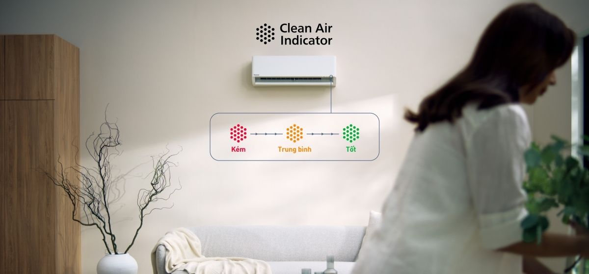 Clean Air Indicator có trên dòng điều hòa Panasonic này được tích hợp đèn báo với 3 màu hiển thị chất lượng không khí