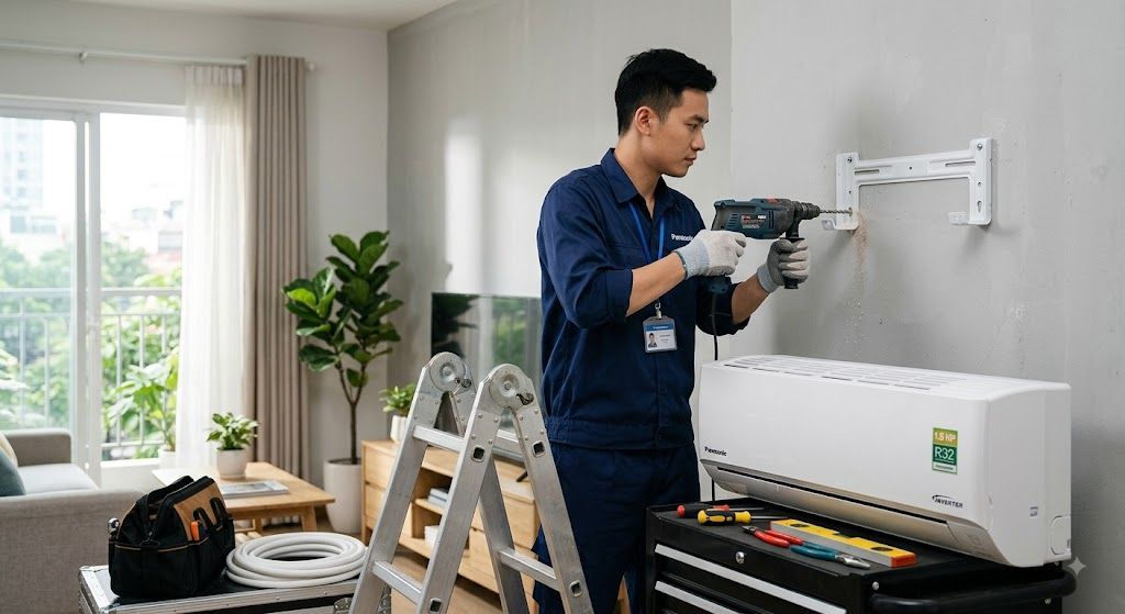 Kỹ thuật viên lắp đặt điều hòa Panasonic 1.5 ngựa tại nhà khách hàng