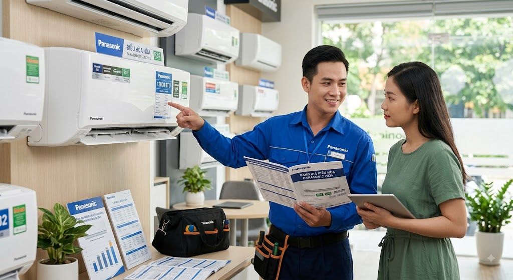 Kỹ thuật viên tư vấn báo giá điều hòa Panasonic 12000 BTU cho khách hàng